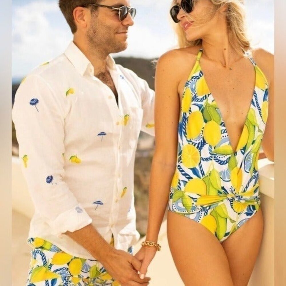 Lemon-Print Plunge Halter One-Piece Swimsuit - Yellow